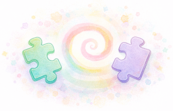 RIVASTEA - Ilustración en tonos pastel con dos piezas de puzle y una espiral central, representando acompañamiento y apoyo a la diversidad infantil.