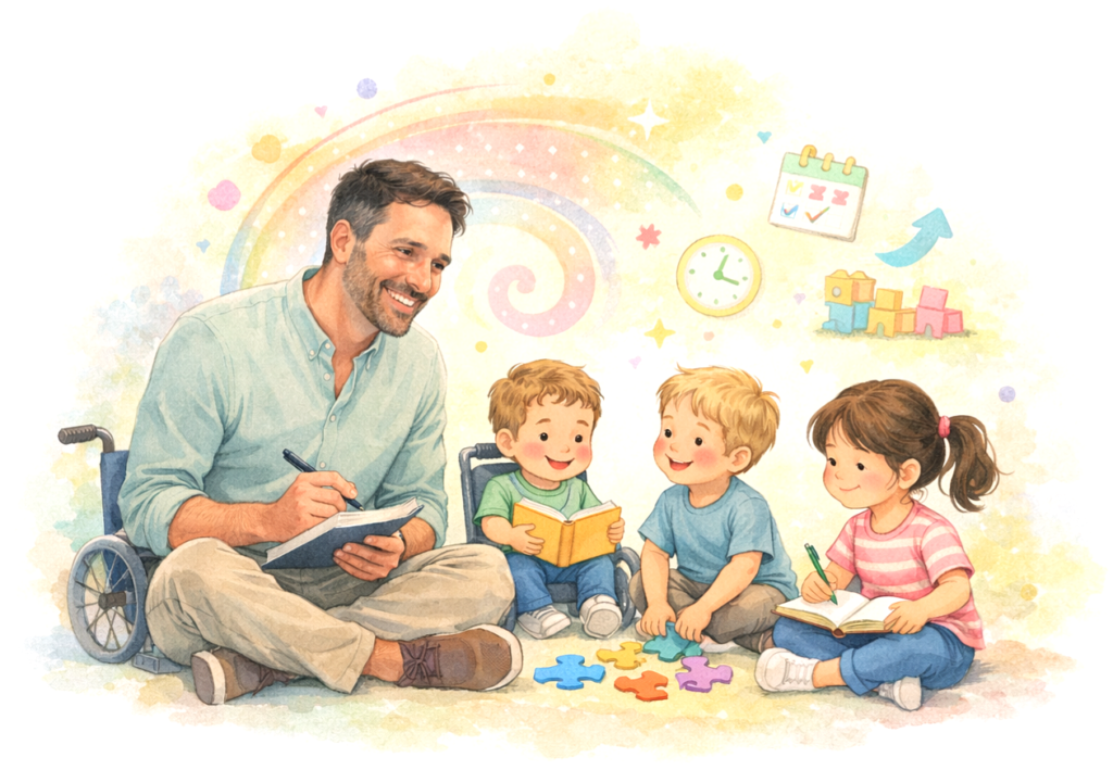 RIVASTEA - Tarifas - Dibujo de Óscar Rivas como integrador social con niños con diversidad.