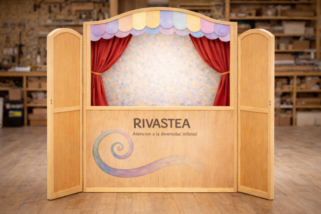 RIVASTEA - Teatro de marionetas infantil con fondo de paisaje y decoración.